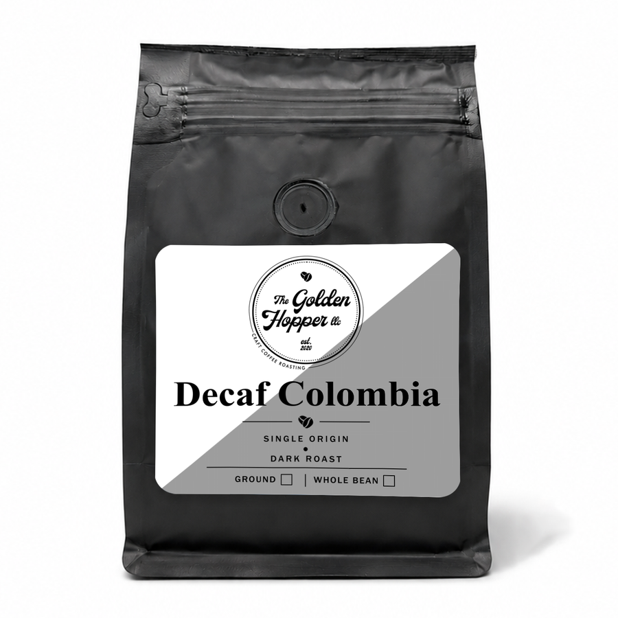 Decaf Colombia coffee bag from The Golden Hopper