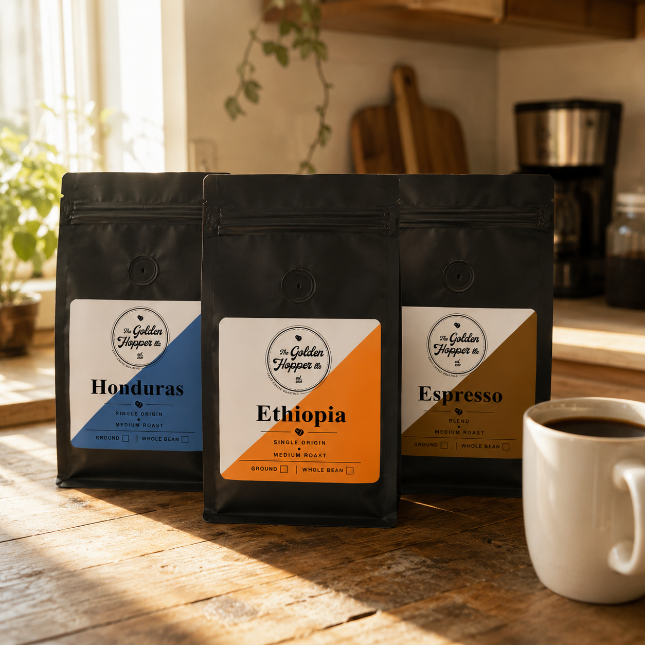 Three Golden Hopper coffee bags on a kitchen counter in morning light