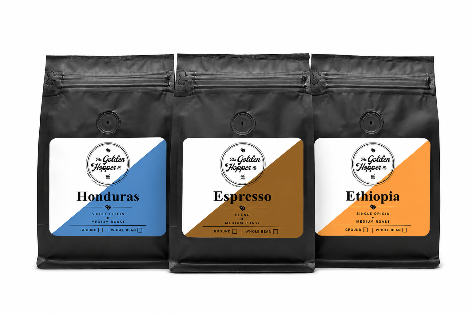 The Trio: Honduras, Espresso and Ethiopia coffee bags from The Golden Hopper
